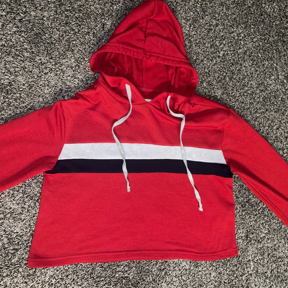 Red hoodie with two stripes on front